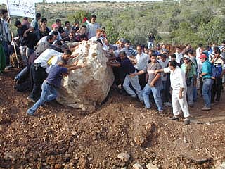 Peace activists put their shoulders to a boulder