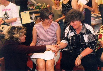 Lepa Mladjenovic with Joan Nestle and Laura Flanders in Bluestockings. Photo  2000 Lisa Kahane.
